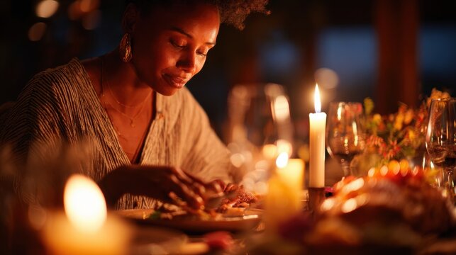 A woman enjoys a candlelit dinner with food and drinks, creating a warm and intimate atmosphere