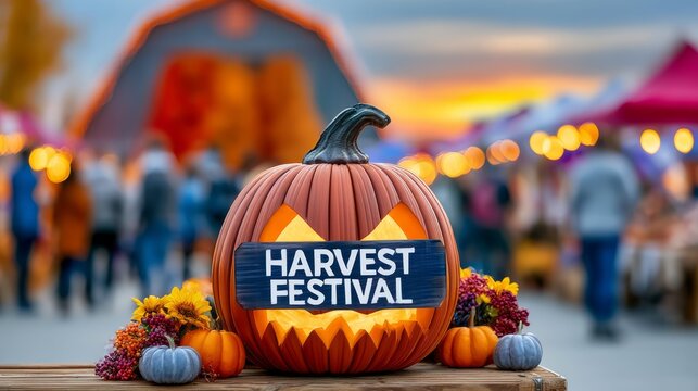 Glowing Carved Pumpkin with Harvest Festival Sign at Event Entrance