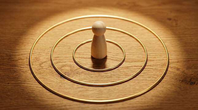 Single wooden peg figure standing at the center of a circular target ring arrangement representing customer centricity, customer-first strategy, brand focus and marketing priority.