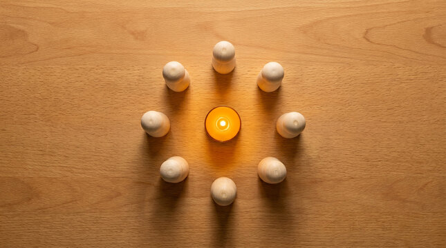 Wooden peg figures arranged in a perfect inward-facing circle representing trust, team unity, cooperative bond, safe community, organizational cohesion and collective strength.