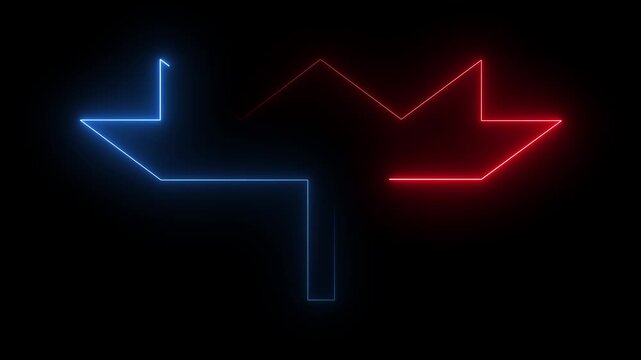 Abstract neon glowing red and blue light lines forming Canada maple leaf shape animation on dark background