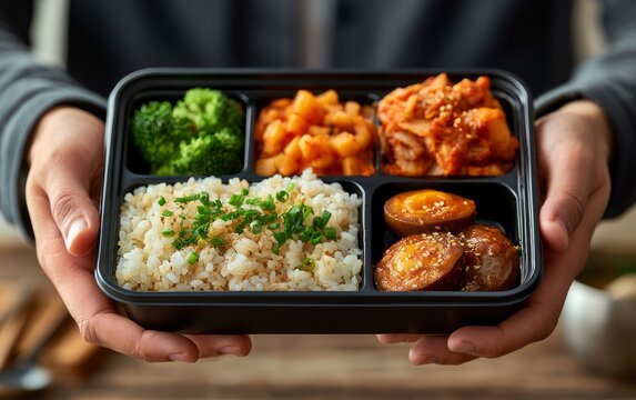 Fresh Korean Dosirak Bento Box Opened on Wooden Table in Hands