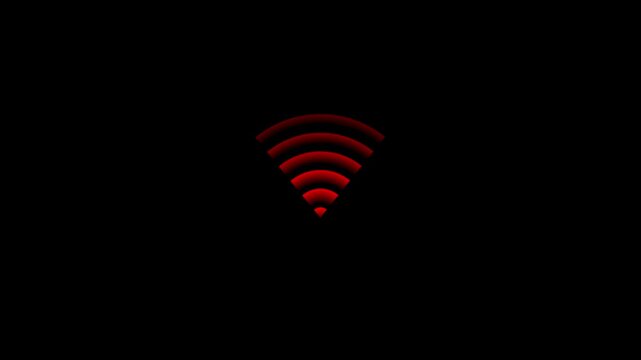 Glowing red wifi signal with three curved bars isolated on a solid black background for digital connectivity and network communication