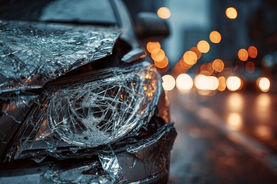 Smashed car headlight and broken glass after a traffic accident on a city street at night, close up view