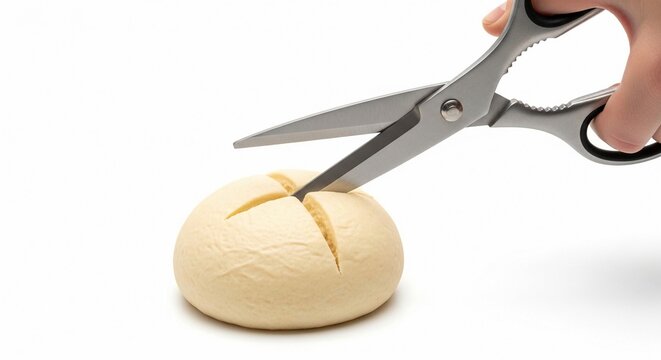 Kitchen shears snipping a raw dough ball, preparing for baking in a clean studio setting