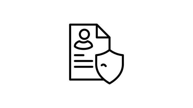 Personal identity data is secure animated icon. Shield protection and profile, people, person, human and member document with check mark animation video for authentication, safe, security and privacy