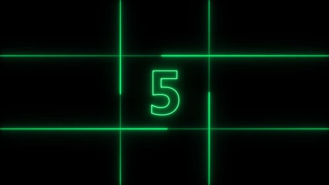 Glowing neon green number seven centered inside a grid of intersecting horizontal and vertical lines on a solid black background for digital countdown