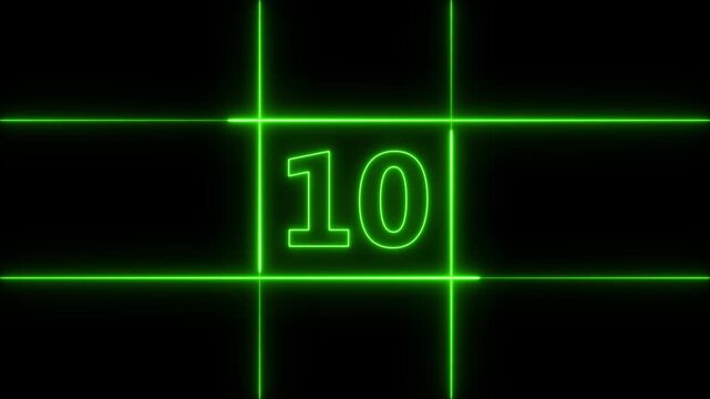 Glowing neon green number twelve centered inside a grid of intersecting horizontal and vertical lines on a solid black background for digital countdown