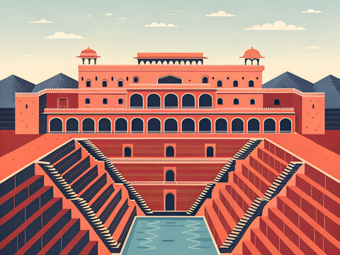  Chand Baori stepwell, symmetrical geometric architecture, modern illustration, limited color palette, bold flat shapes,