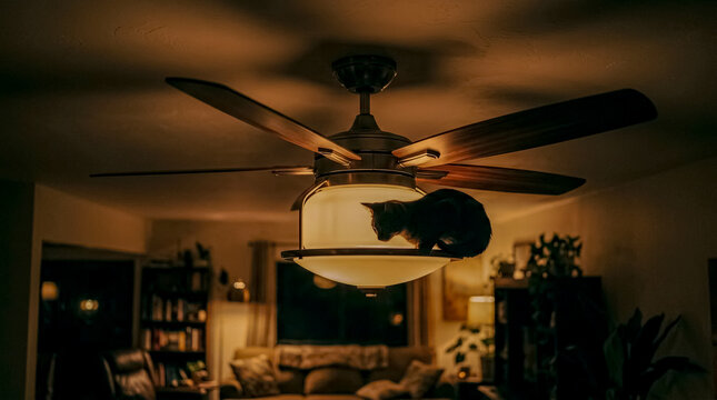 A cat comfortably perched on a ceiling fan light, creating a warm and playful indoor scene at dusk or evening.
