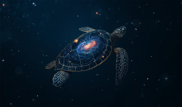 cosmic sea turtle double exposure swimming in dark space galaxy backdrop eps file
