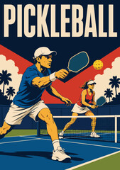 092-31-Two players actively playing pickleball rally outdoors with net and palm trees © Lev