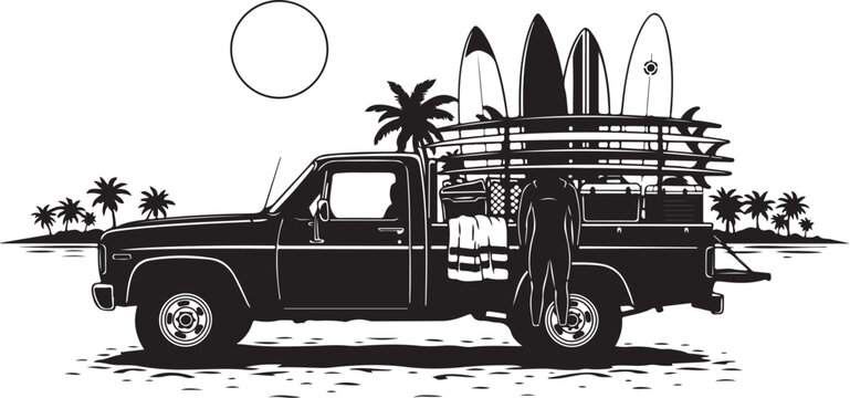 Black silhouette of a pickup truck with surfboards on a beach