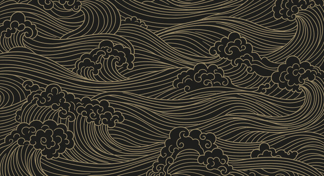 An abstract illustration of waves and clouds in a repeating pattern with a dark background