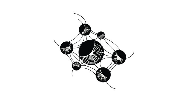 Spider web pattern connects several circular nodes in an abstract geometric composition.