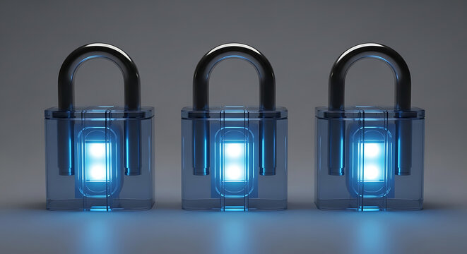 Three glowing blue lanterns on a shelf