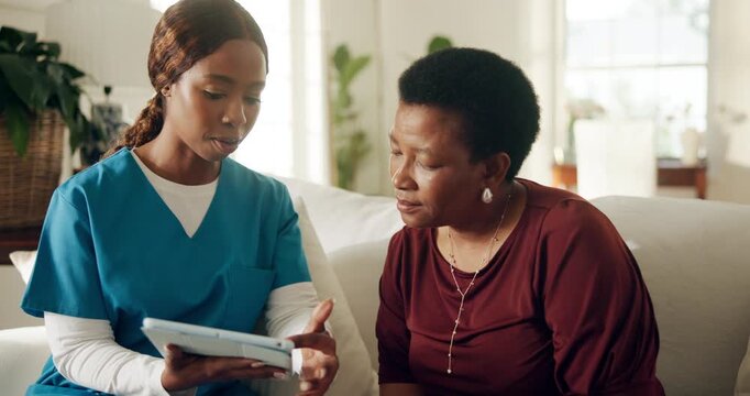 Woman, nurse or consulting with tablet in home for test results, medical record or care plan. Black people, mature patient or caregiver with tech on sofa for health progress, online report or service
