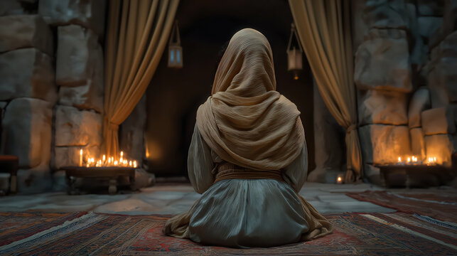 Esther praying alone before entering the throne room, candlelit Persian chamber filled with tension and courageous resolve