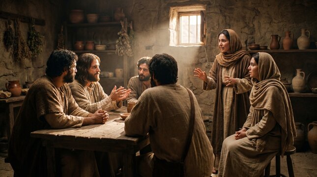 Jesus Christ sitting at a wooden table with his disciples in a rustic house in Bethany, while Martha stands and talks with Mary sitting nearby in a biblical domestic scene.