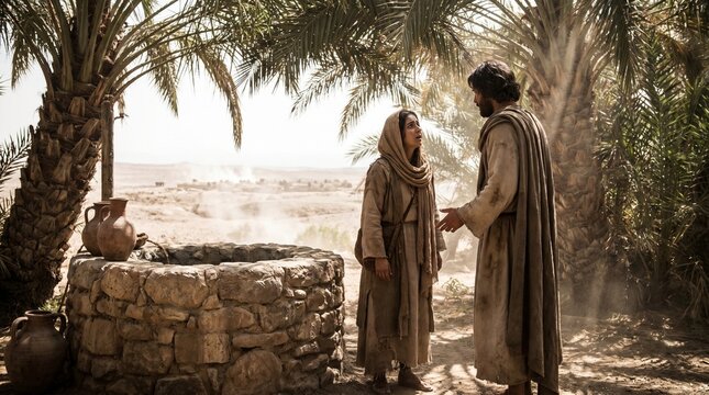 Jesus Christ meeting the Samaritan woman at a stone well in a dusty desert oasis with palm trees, biblical illustration of faith and spiritual salvation.