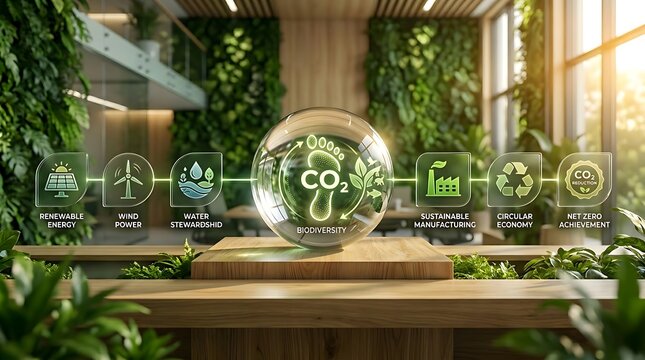 Eco-friendly business icons representing sustainability, biodiversity, and carbon footprint reduction in a modern green office.