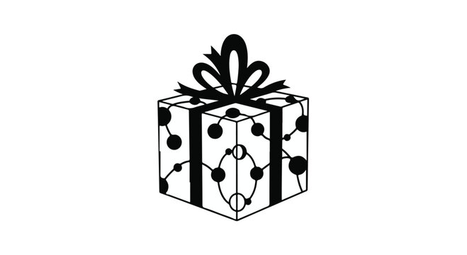 Gift box with a ribbon bow features a decorative pattern of connected nodes.