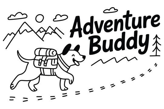 Adventure buddy concept featuring a happy dog wearing a hiking backpack walking towards mountains with footprints on a white background