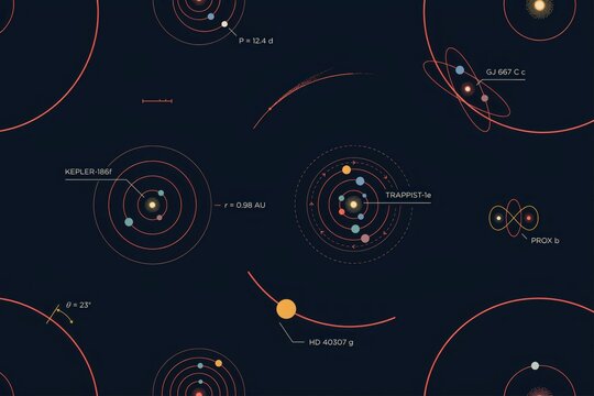 Minimalist infographic showing various exoplanetary systems with orbital paths, planet positions, and scientific labels on a dark blue background