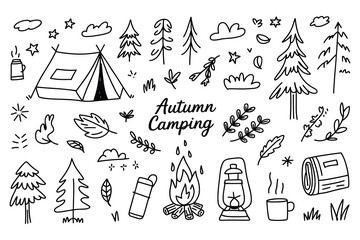 Obraz premium Autumn camping themed doodle set featuring a tent, campfire, pine trees, lantern, and coffee cup on a clean white background, for projects