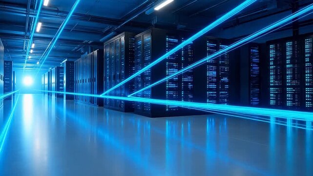 server room with blue light beams