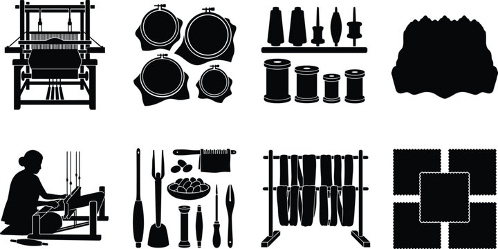 Black Silhouette Icon Set of Traditional Textile Weaving and Craft Tools Isolated on White Background