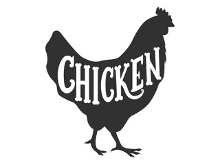 Black silhouette of a chicken with a lettering Chicken inside it, full-length side view. Illustration on a transparent background © tiena