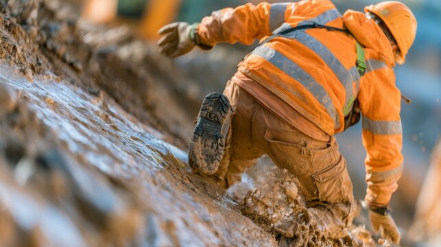 Worker Slipping on Muddy Slope During Construction in Background Scene