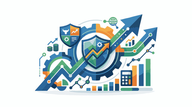 A colorful infographic with various business and finance-related icons and graphs