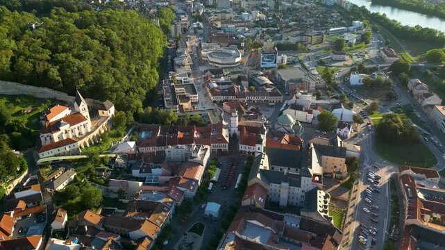 Aerial View of Trenč&iacute;n City Center with Urban Landscape and Surrounding Hills