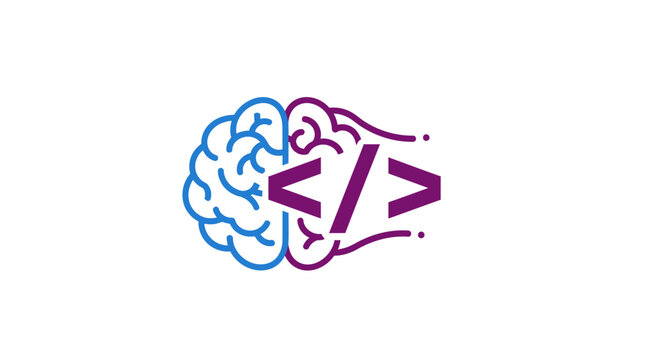 A stylized illustration of a human brain combined with computer code symbols