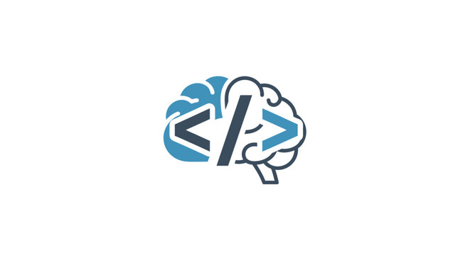 A stylized graphic illustration of a human brain integrated with coding symbols