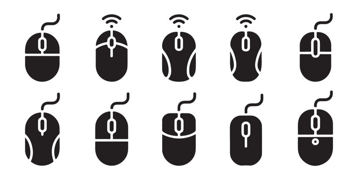 Ten computer mouse icons in black and white showing different wired and wireless models.