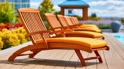 Fototapeta premium Empty Wooden Deckchairs on Luxury Spa Resort Garden by Poolside Area