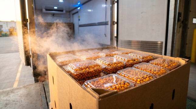 Smart cold chain logistics with fresh sea buckthorn. Plastic containers of organic orange berries loaded into refrigerated semi truck trailer at warehouse loading dock during sunset