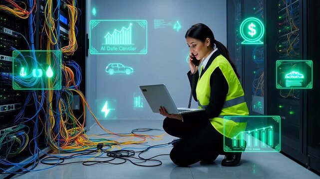 Woman in server room with laptop and data icons