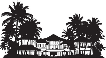 Obraz premium Tropical house with palm trees, black silhouette on exotic