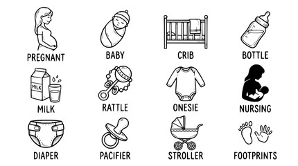 Fototapeta premium Hand drawn pregnancy motherhood icons belly baby crib bottle milk rattle, black ink sketch vector illustration 