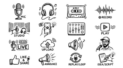 Fototapeta premium Hand drawn podcast content creator icons mic headphone record wave studio, black ink sketch vector illustration 