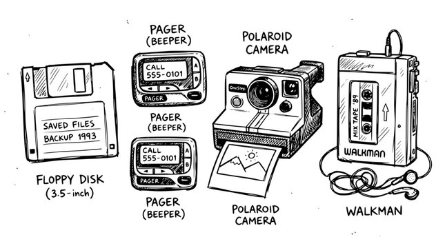 Hand drawn vintage retro technology icons floppy disk pager beeper polaroid walkman, black ink sketch vector illustration