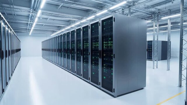 Rows of server racks in a data center