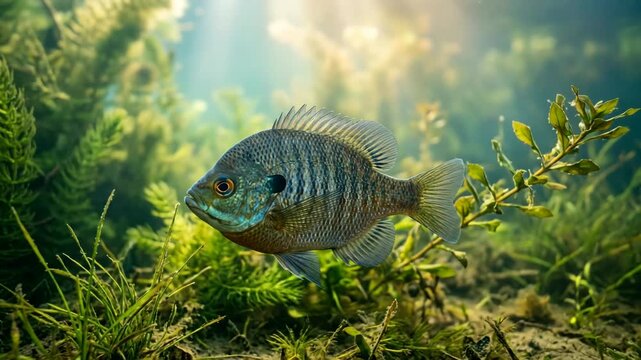 bluegill underwater close up in lake michigan usa morning light video