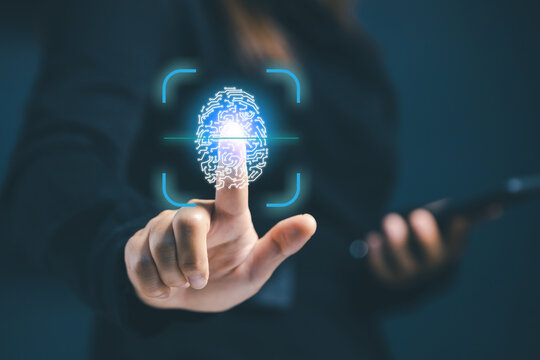 Biometric authentication and digital identity verification concept with fingerprint scanning, cybersecurity protection and secure access control. Advanced technology enhancing data security.
