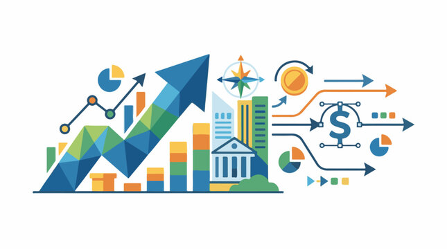 A colorful infographic with a bank building graphs charts arrows and financial symbols