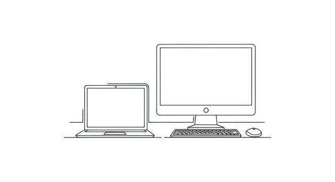 Laptop and Desktop Computer Line Art